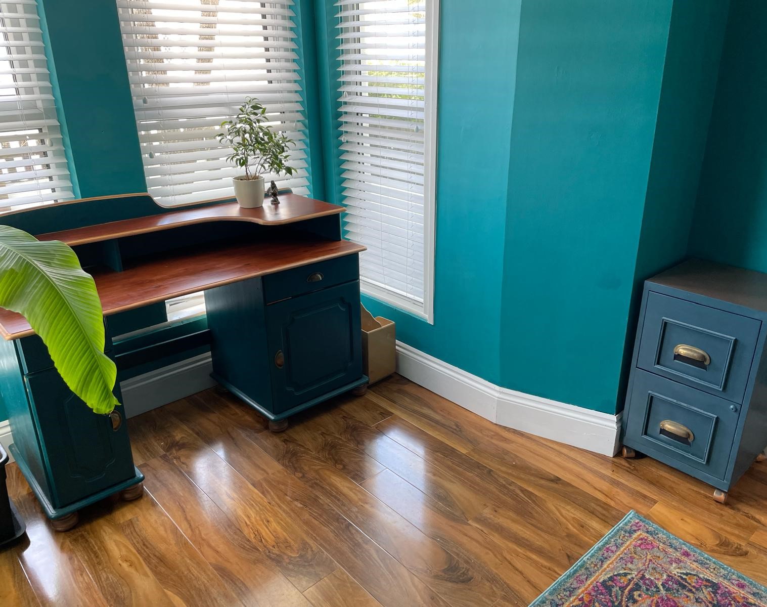 Finished teal room with fitted blinds and wood-effect flooring